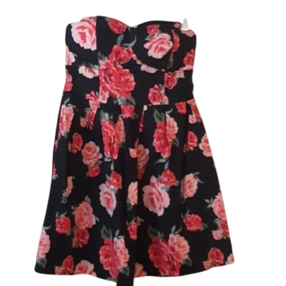 Ardene Mini Dress Size L Sleeveless Shirred Back Red Black Pink Floral
